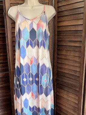 Geometric Print Maxi Dress 2XL Navy Lavender Peach Aqua Spaghetti Straps